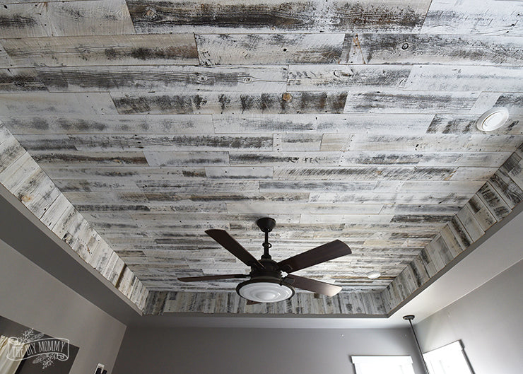 Wood ceiling planks in reclaimed weathered wood white