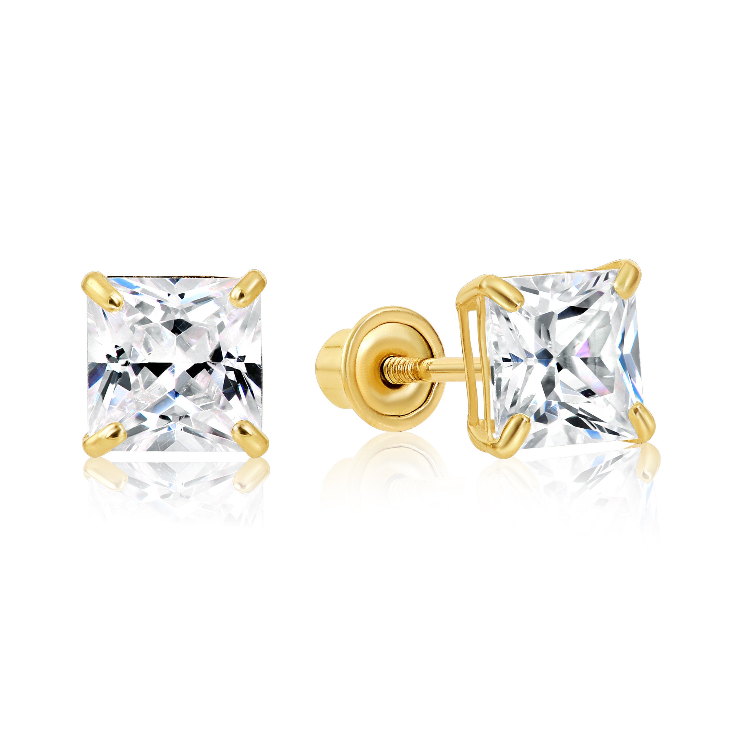 14k Yellow or White Gold Cubic Zirconia Stud Earrings with Safety Screwbacks 