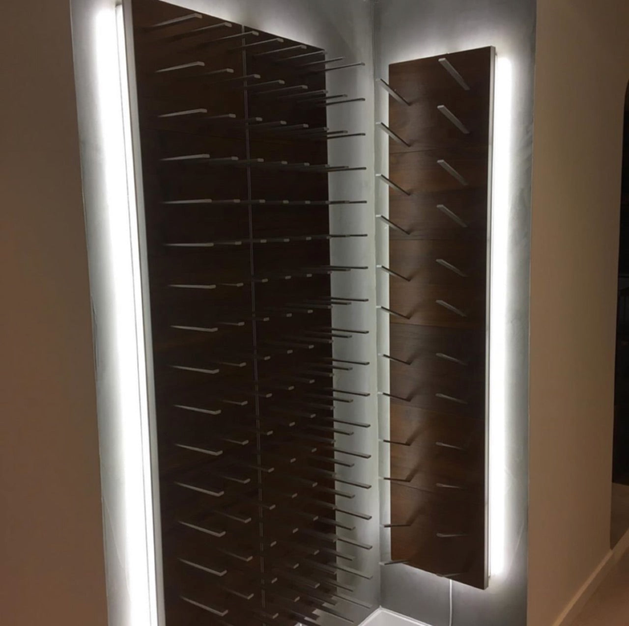 LED backlit wine racks in corner