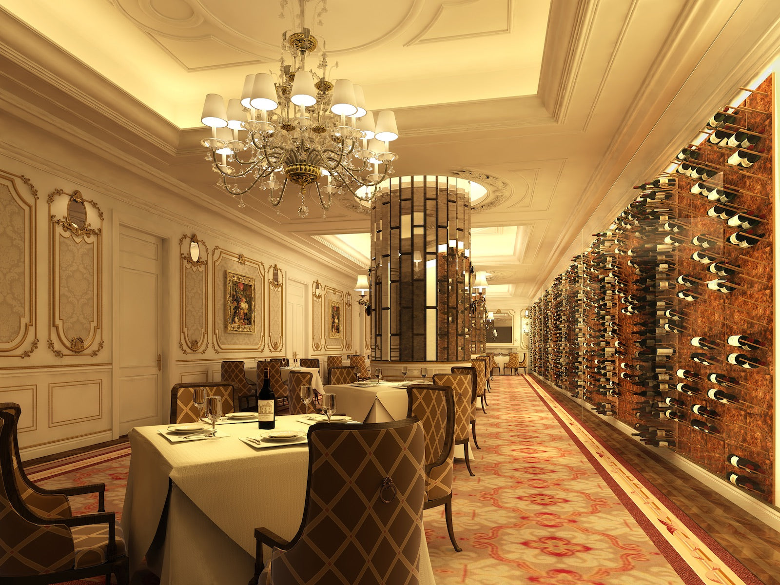 luxury wine tasting room with glass-enclsoed wine display wall