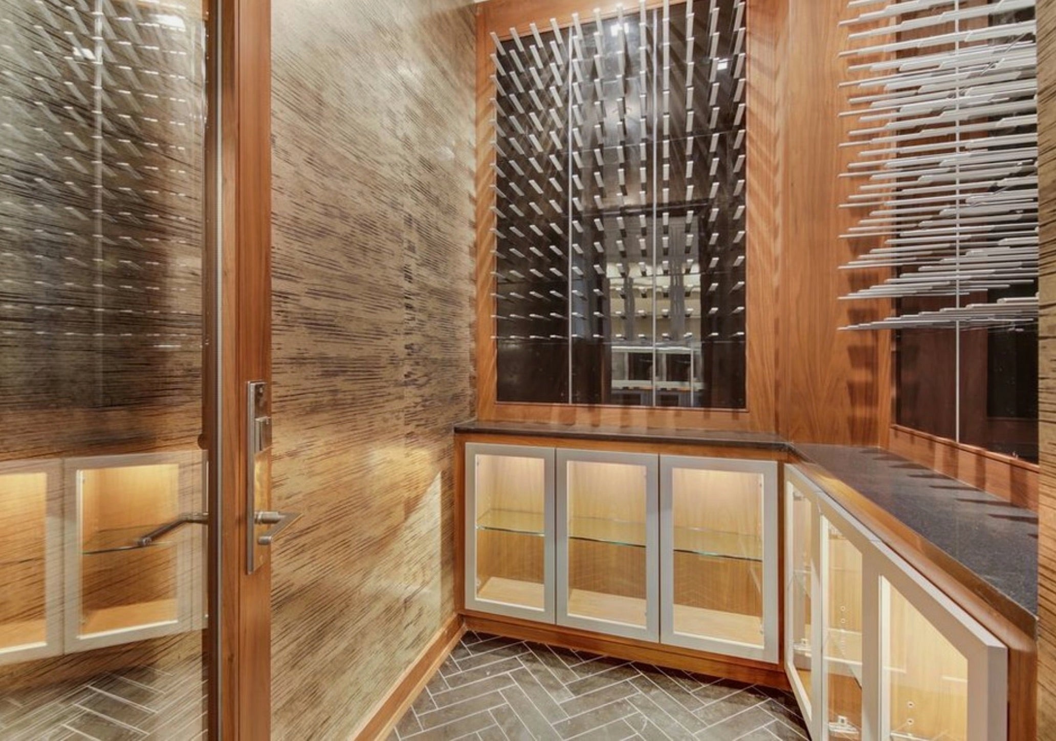 transitional wine cellar design with peg wine racks