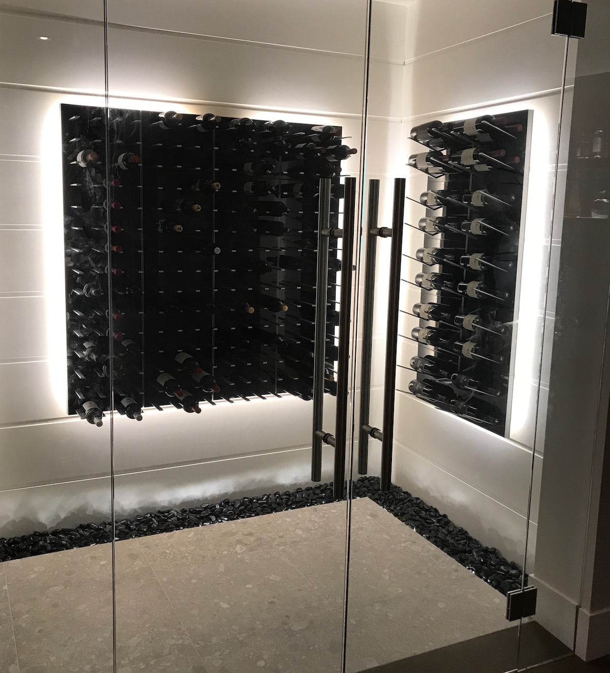 glass wine room with LED backlighting