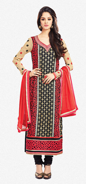 Embroidered Party Wear Straight Cut Suit:atisundar pretty Red And Black Designer Straight Cut - 7018 - atisundar - 2 - click to zoom