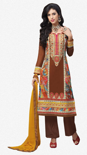Designer Embroidered and Digital Printed Straight Cut Suits In Faux Georgette:atisundar refined Brown And Multi Straight Cut with Embroidery and Digital Print - 6412 - atisundar - 2 - click to zoom