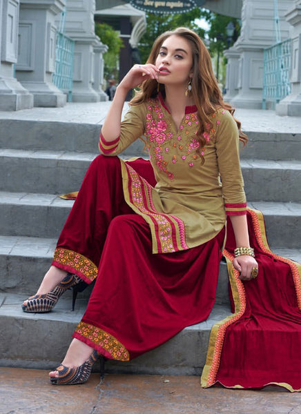 Designer Embroidered Straight Cut Suits:atisundar comely Beige Designer Straight Cut Embroidered Suits - 9533 - atisundar - 3 - click to zoom
