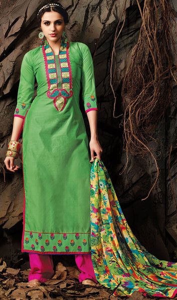 Embroidered Chanderi Cotton Suits:atisundar comely Green Embroidered Straight Cut in Chanderi - 6623 - atisundar - 1 - click to zoom