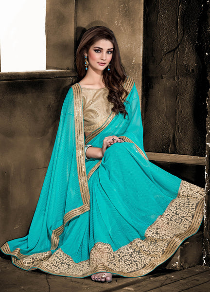 Designer Embroiderd Saree:atisundar splendid Designer Embroidered Party Wear Sarees in Sky Blue - 9027 - atisundar - 3 - click to zoom