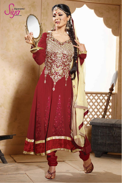 Cute Embroidered Anarkali Red Unstitched Salwar Kameez By Siya - 4128 - atisundar - 2 - click to zoom
