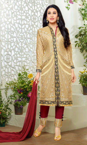 Designer Straight Cut Suits:atisundar Alluring Beige Designer Embroidered Straight Cut Suits In Faux Georgette - 9423 - atisundar - 1 - click to zoom