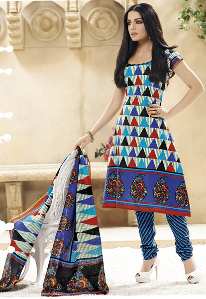 Siya Designer Printed Pure Cotton Suits FeaturingCelina Jaitly:atisundar graceful Blue Pure Cotton Designer Printed unstitched Suit - 6195 - atisundar - 2 - click to zoom