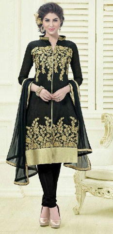 Designer Embroidered Straight Cut Suit:atisundar elegant Black Embroidered Straight Cut in Chanderi - 9579 - atisundar - 1 - click to zoom