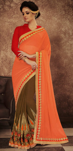 Designer Embroidered Saree:atisundar delicate Designer Embroidered Party Wear Sarees in Peach - 8987 - atisundar - 1 - click to zoom
