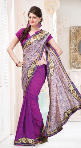 Designer Printed Saree:atisundar beauteous Designer Printed Saree in Off White And Purple - 7610 - atisundar - 1 - click to zoom