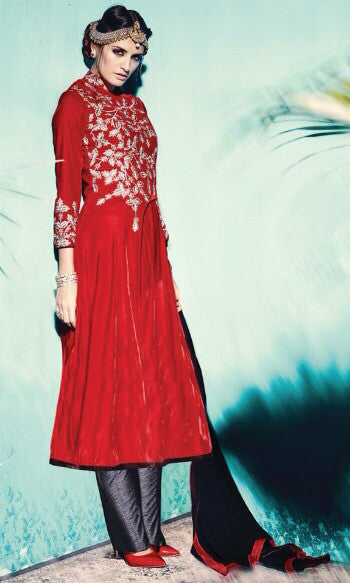 Designer Straight Cut Suit:atisundar Superb Red Designer Straight Cut Embroidered Suits - 9144 - atisundar - 2 - click to zoom