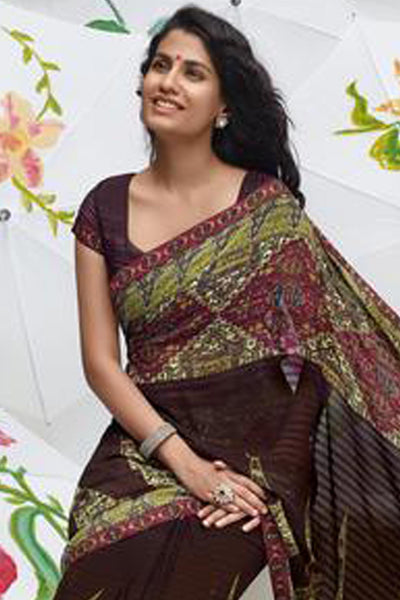 Jhoomta Sawan Designer Printed Saree Collection:atisundar fair Designer Printed Saree in Dark Brown & Olive Green - 5332 - atisundar - 4 - click to zoom