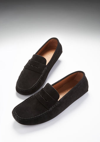 black suede penny driving loafers hugs and co