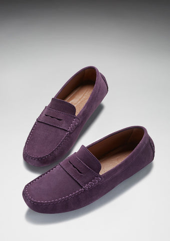 purple suede driving loafers hugs and co 