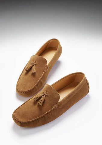 tobacco suede tasselled driving loafers hugs and co
