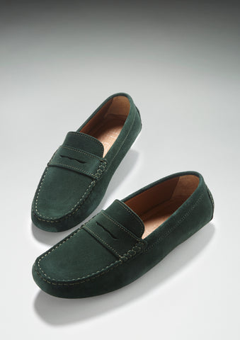 green penny loafer driving shoes hugs and co