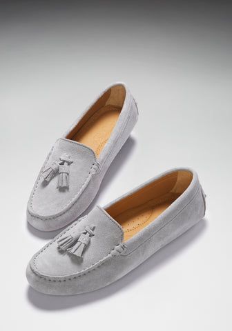 women's tasselled driving loafers hugs and co dove grey suede