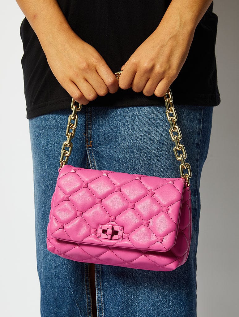 Farah Pink Studded Quilt Chain Shoulder Bag