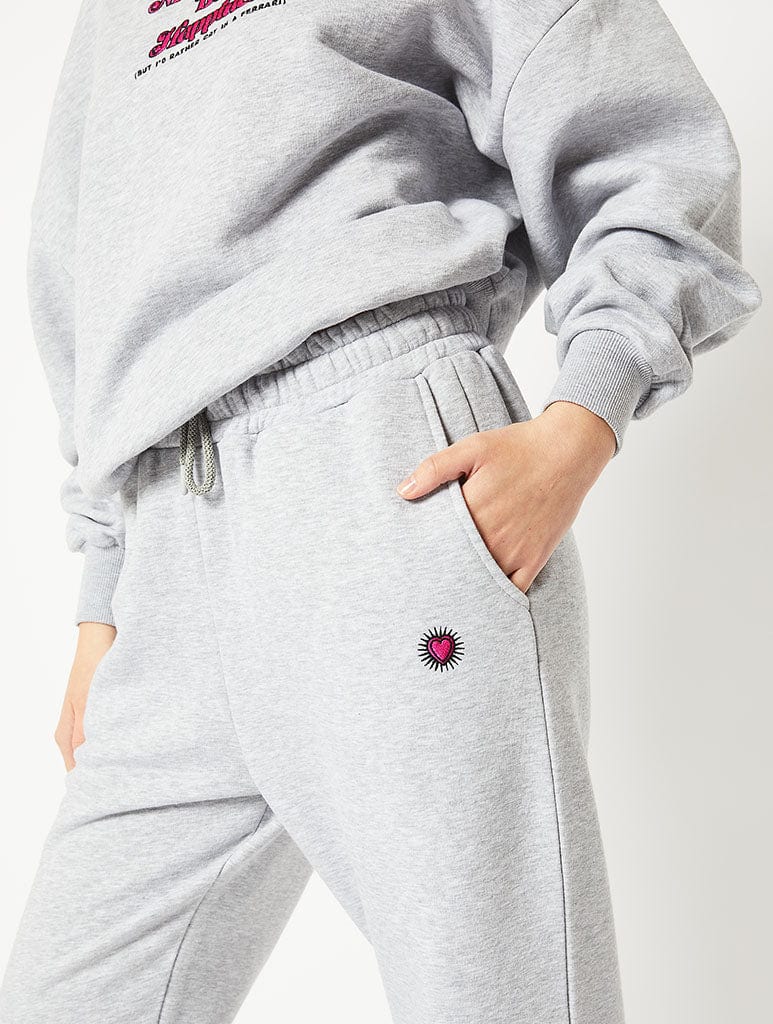 Heart Embroidered Sweat Joggers in Grey, L