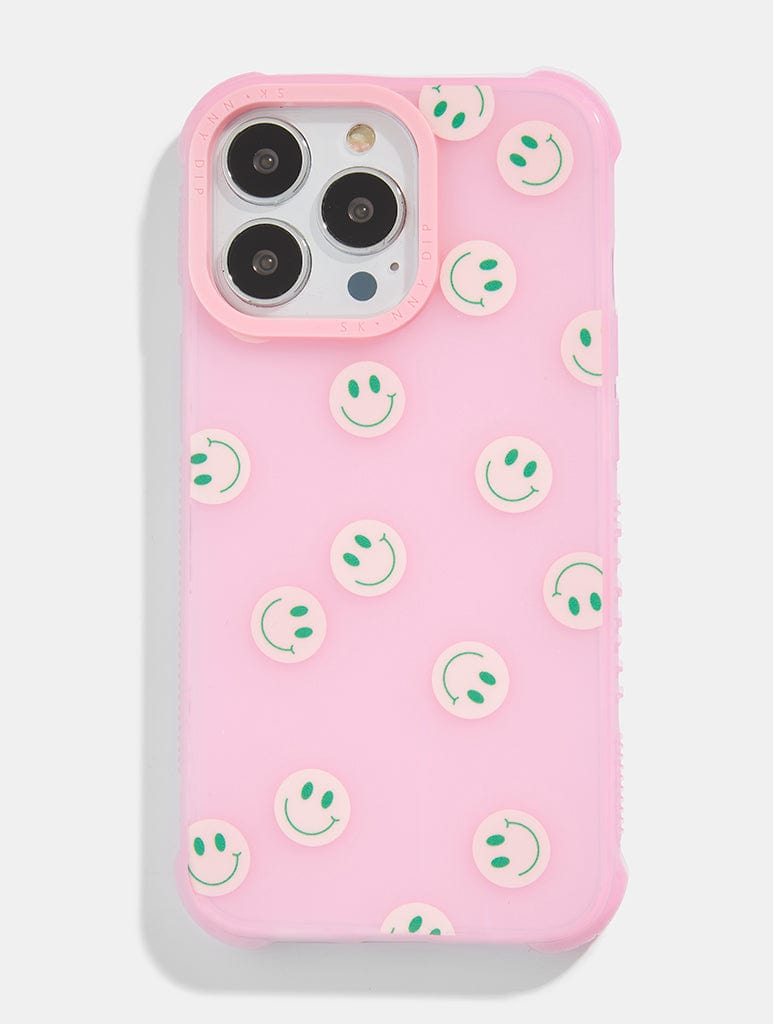 Pink & Green Happy Face Shock i Phone Case, i Phone 13 Case