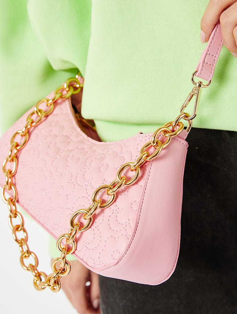Zoe Pink Flower Quilt Chain Shoulder Bag