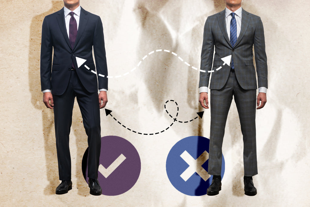 How to tell you're in a poor-fitting suit - A suit that fits properly on the left and a suit that is too tight on the right