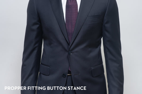Proper button stance on a suit jacket that fits well showing button stance just above the belly button