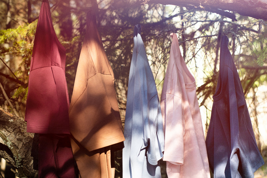 Sunspel t-shirts hanging from tree