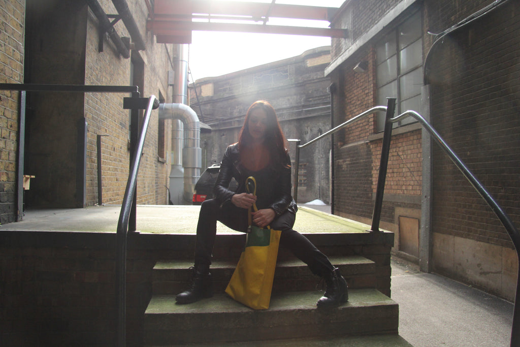 m24 upcycled tote bag being modelled by sacha 