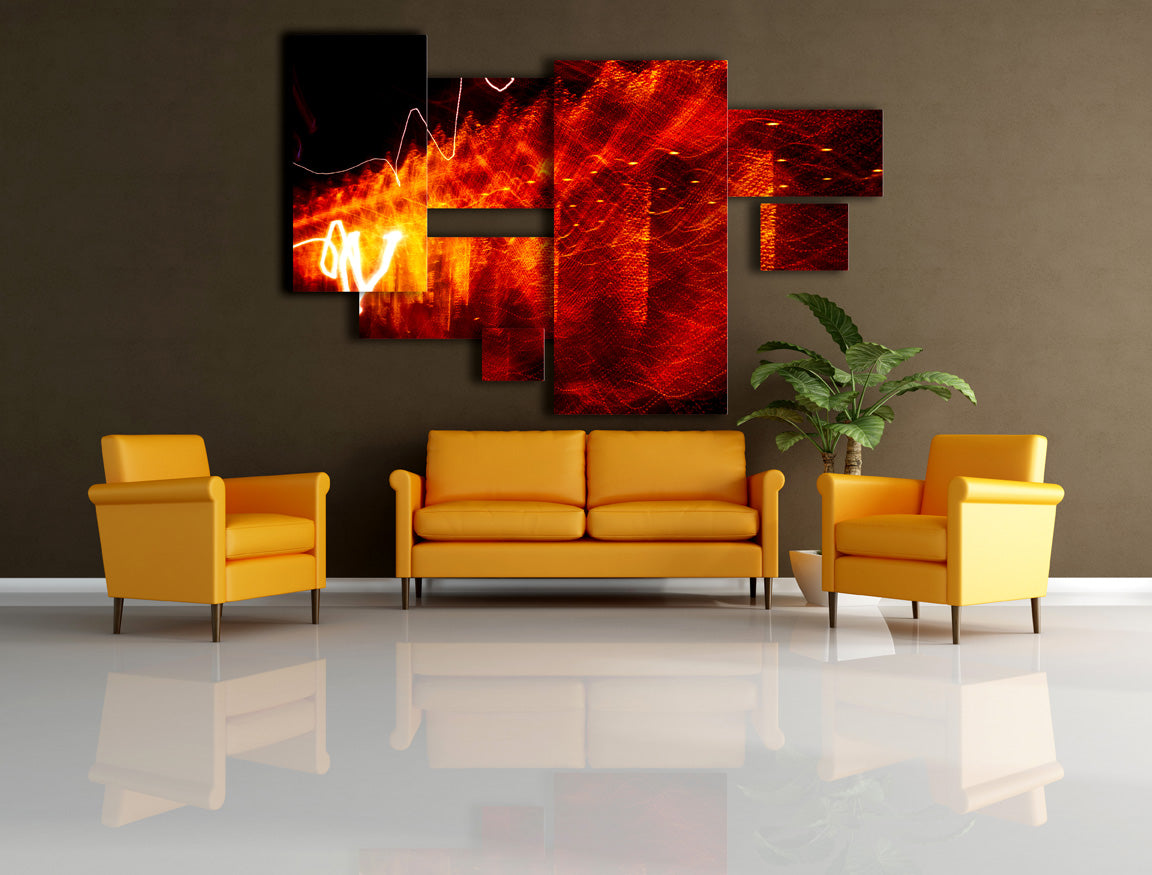 orange abstract wall design on brown wall with yellow sofa set