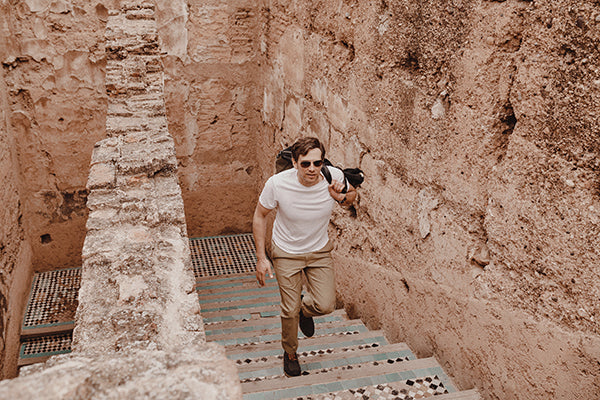Stefan wears the Ascender travel chinos and the Threshold Performance Tee on location in Morocco.