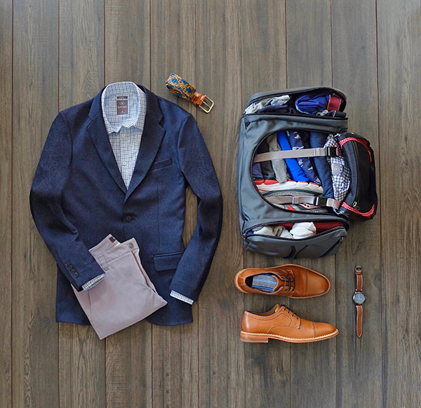 Outfit for the plane next to backpack packed with our travel capsule wardrobe.