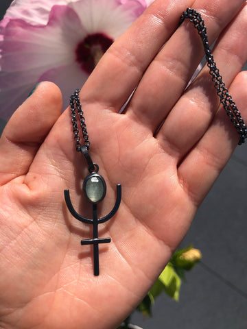 Alchemy/astrological symbol of Neptune with Aquamarine pendant.  Handmade and magically crafted by Alex Lozier Jewelry.