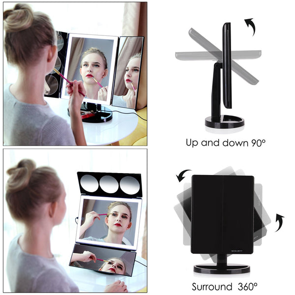 Large Lighted Trifold Vanity Makeup Mirror - 3X 5X 10X Magnification iMartCity adjust angles verticle horizontal mirror