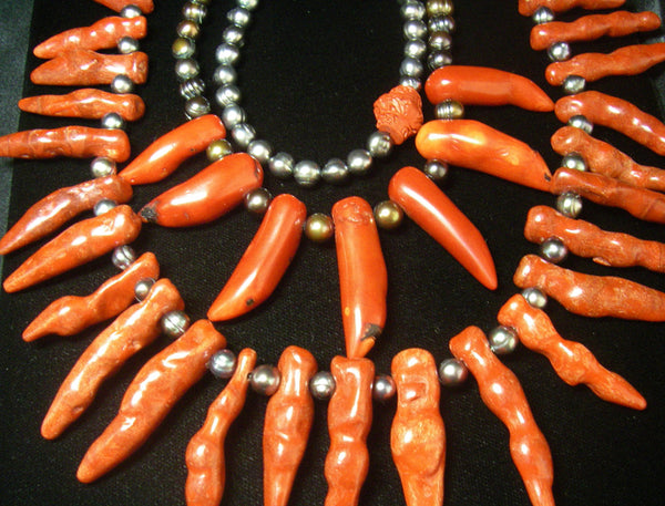 Red Coral, black pearl necklaces