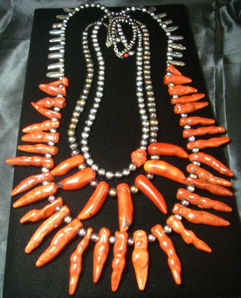 Red coral, black pearl, silver necklaces