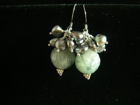 Aquamarine, Silver Pearls, Sterling Silver Earrings