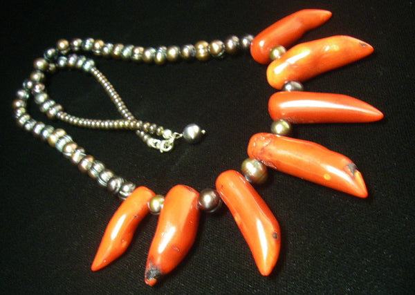 Red coral, black pearls, silver necklace