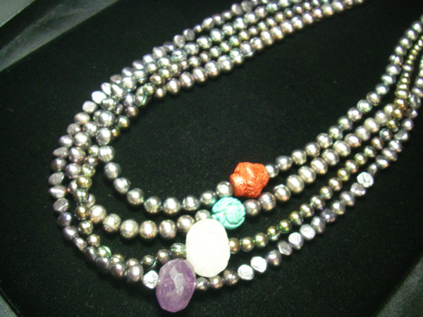 black pearls, red coral, turquoise, rose quartz, amethyst, silver necklaces