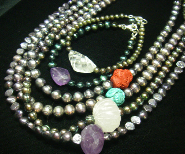 Black pearl necklace, with amethyst, rose quartz, turquoise, coral