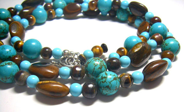 Luxurious Turquoise, Tigers Eye Long Silver Necklace - Leila Haikonen Jewellery