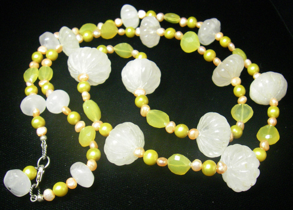 Rose Quartz, Yellow Chalcedony, Pearls, Sterling Silver Necklace