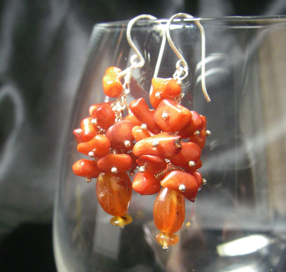 Red Coral Cluster, Carnelian, Sterling Silver Earrings