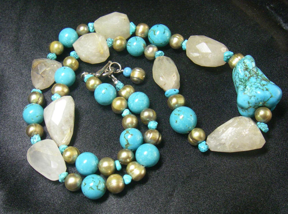 Blue Turquoise, Rutilated Quartz, Pearl, Silver Necklace