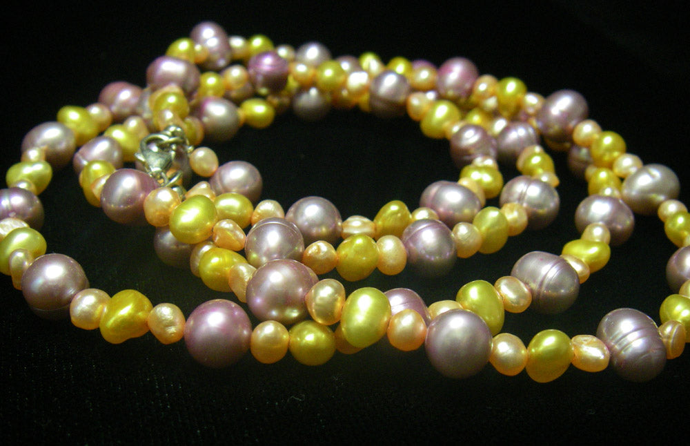 Yellow, Orange, Pink Pearls, Sterling Silver Necklace