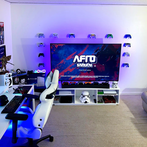 Customer gaming setup with twelve HIDEit Uni-C controller wall mounts