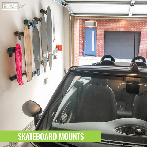 HIDEit Vertical Skateboard Mount stores your favorite board or organizes your gear.